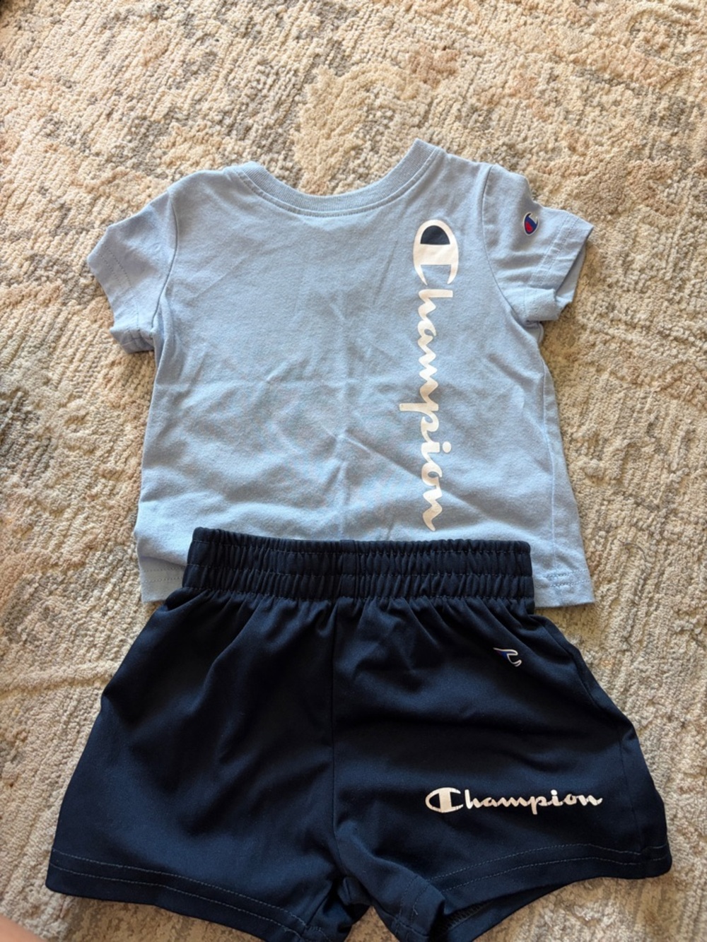 Champion Light Blue Tee with Navy Athletic Shorts